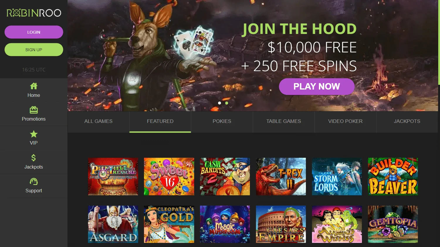 Robinroo Casino desktop games area with RTG casino titles