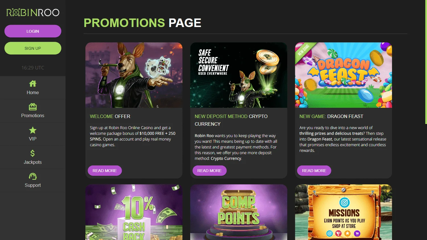 Robinroo Casino desktop promotions area with welcome offers and rewards