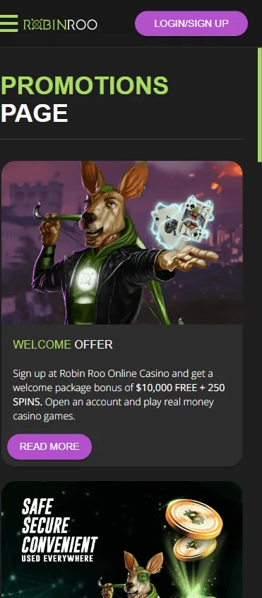 Robinroo Casino mobile promotions area with bonuses and free spins