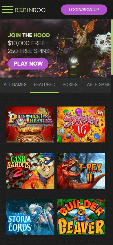 Robinroo Casino mobile website with casino navigation and account features